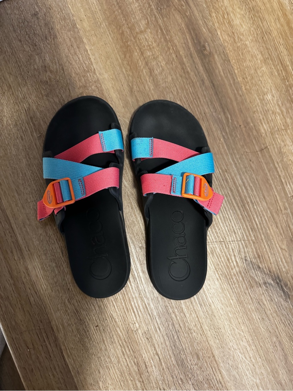 Chaco Two-Stripe Slide Sandals in Pink & Blue